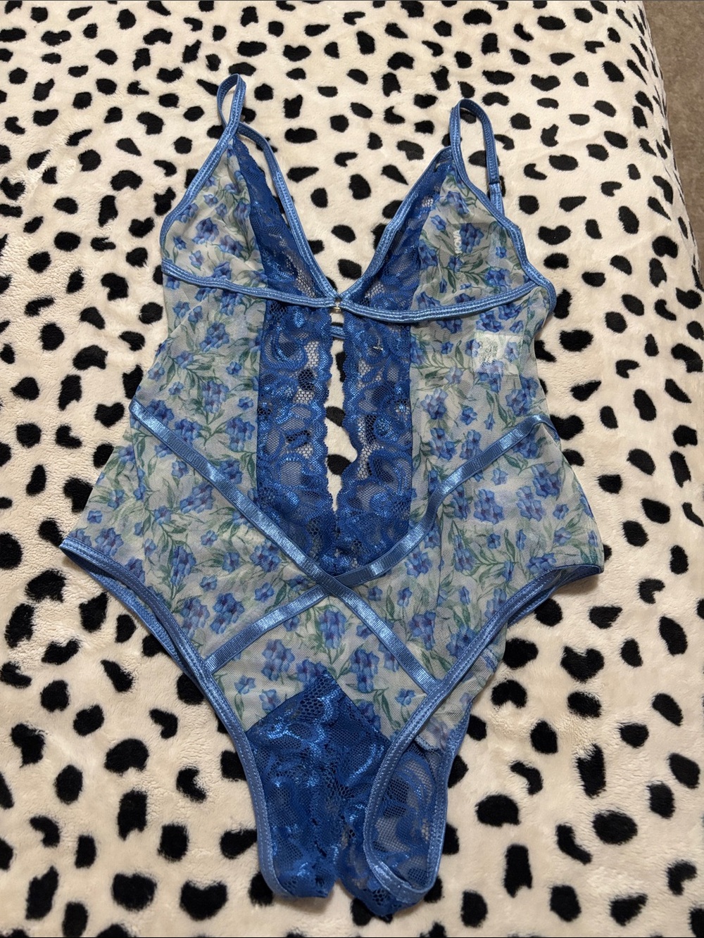 Fashion Nova Blue Floral Lace Mesh Teddy Bodysuit